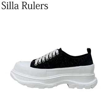 

2020 New Apring Thick Bottom Bling Casual Shoes Woman Round Toe Lace Up Canvas Shoes Woman Fashion Increase Shoes Woman