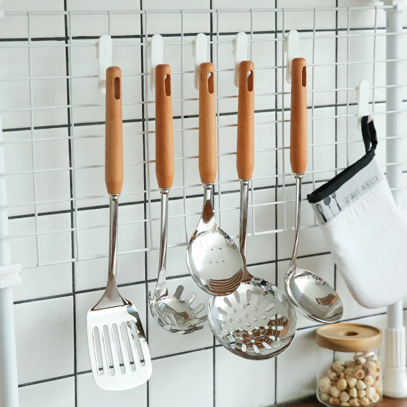 

Wooden handle Stainless steel kitchenware set Cooking Utensils Spoon shovel Nonstick Spatula Kitchen Accessories