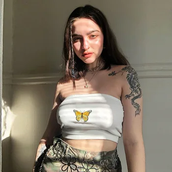 

SIDDONS Hot Sexy Women Tube Top Butterfly Pattern Print Summer Cotton Strapless Solid Wrapped Chest Bralet Cropped Tube Bra Tops