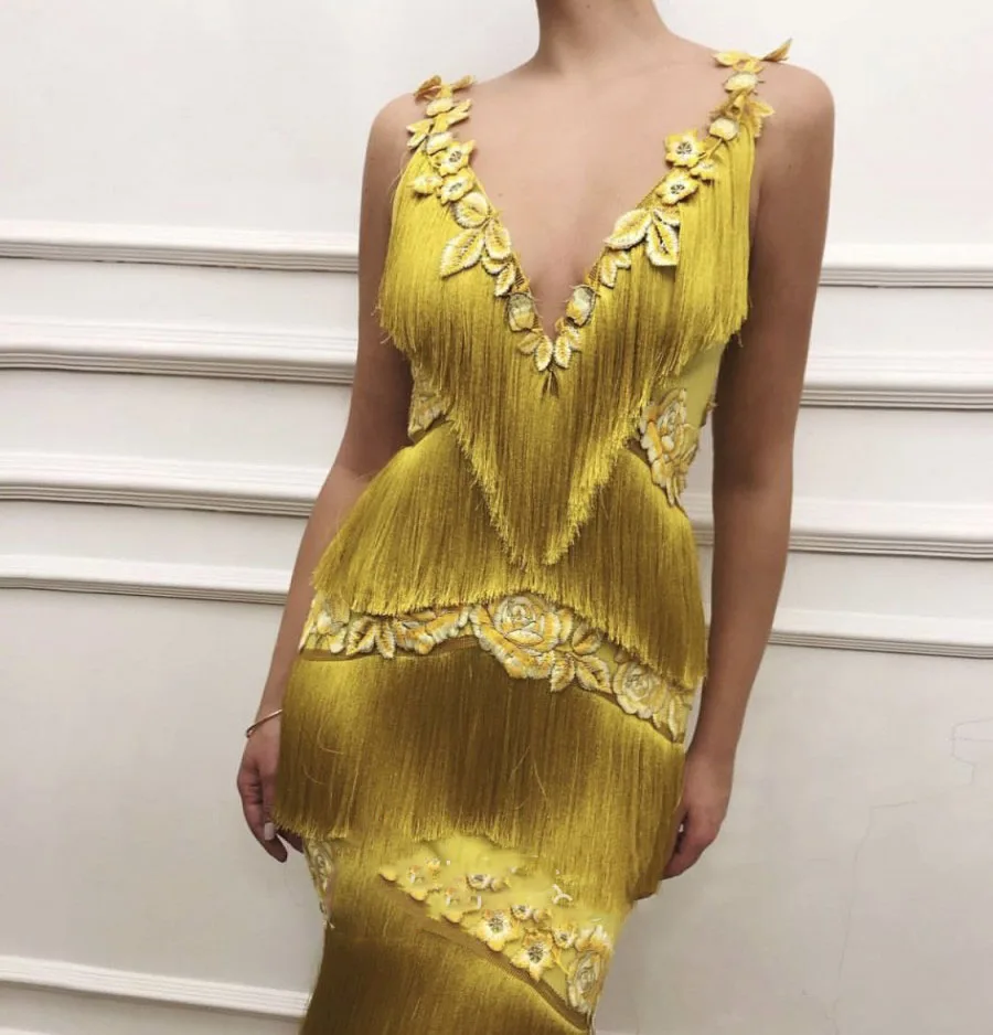Robe de soiree желтое длинное вечернее платье русалки с кисточками для особых случаев шикарное торжественное платье с v-образным вырезом элегантное платье ручной работы с цветами