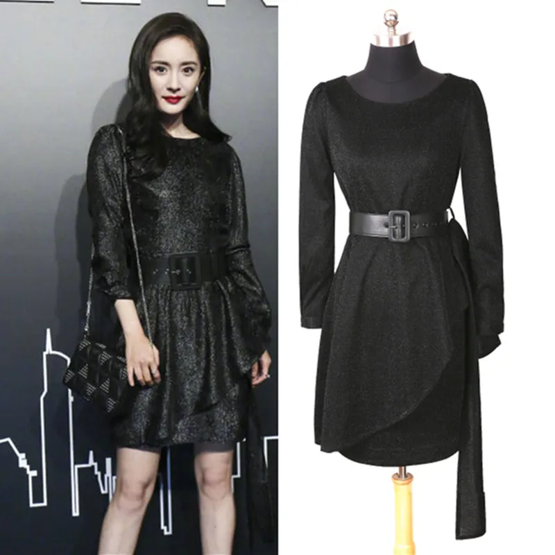 Черное платье в готическом стиле в стиле ретро 2019, тонкое яркое шелковое платье средней длины с круглым вырезом и длинными рукавами, модное