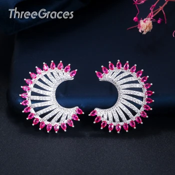 

ThreeGraces Lovely Moon Shape 925 sliver Stud Earrings Rose Red Cubic Zirconia Crystal Jewelry for Nigerian Women Wedding ER413