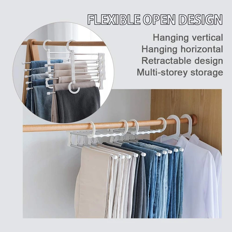 2 Pack Foldable Adjustable Pants Hangers,Hanger Space Saver for Pants Trousers Scarf Tie Belt,Multi-Layer Stainless Steel Pants