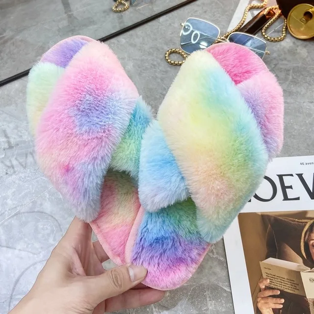 Winter Women House Slippers Faux Fur Fashion Warm Shoes Woman Slip on Flats Female Slides Black Pink cozy home  furry slippers Rainbow