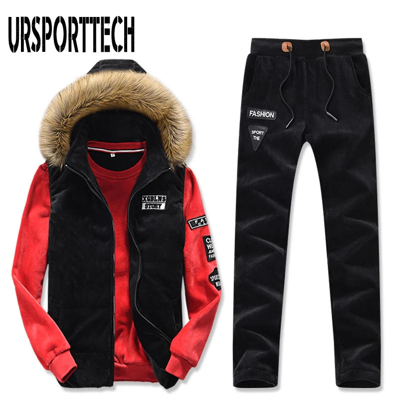 Flash Sale 3 Piece Set Tracksuit Men Winter Sporting Suit Hooded Vest+Sweatshirt+Pants Plus Gold Velvet Thick Sportswear Homme Men Clothing
