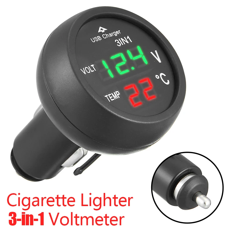 

1pc 3 In 1 Red Green LED Digital Display Car Voltmeter Thermometer Meter Monitor Voltage USB Chager Cigarette Lighter Parts