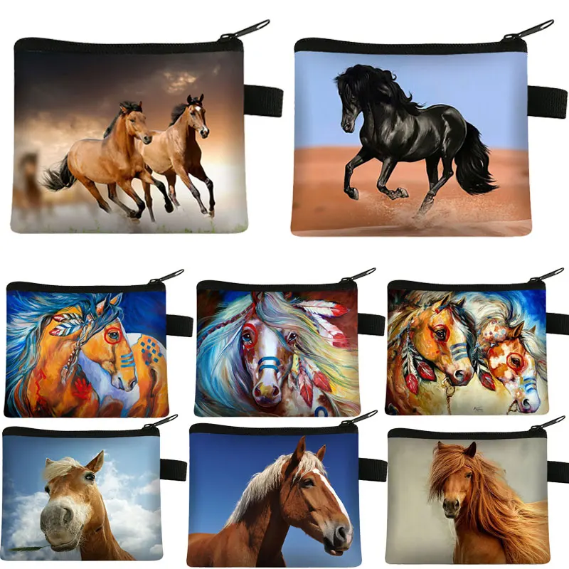 Monedero con estampado de caballo/pony para mujer, Cartera de concha corta, bolso de la tarjeta llave, monederos pequeños de unicornio de dibujos animados