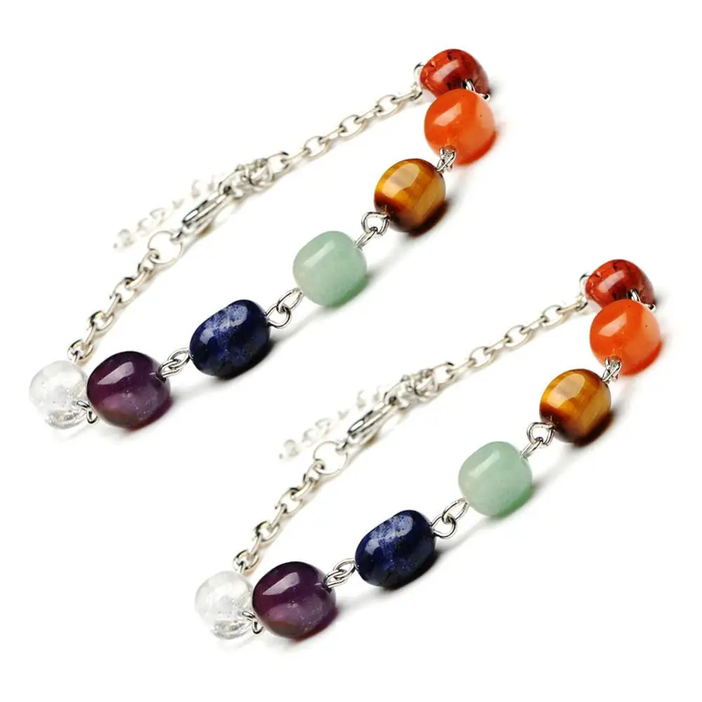 

8MM Irregular Stone Chakra Bracelet with Metal Chain Handmade Energy Reiki Jewelry 7pcs big Stone