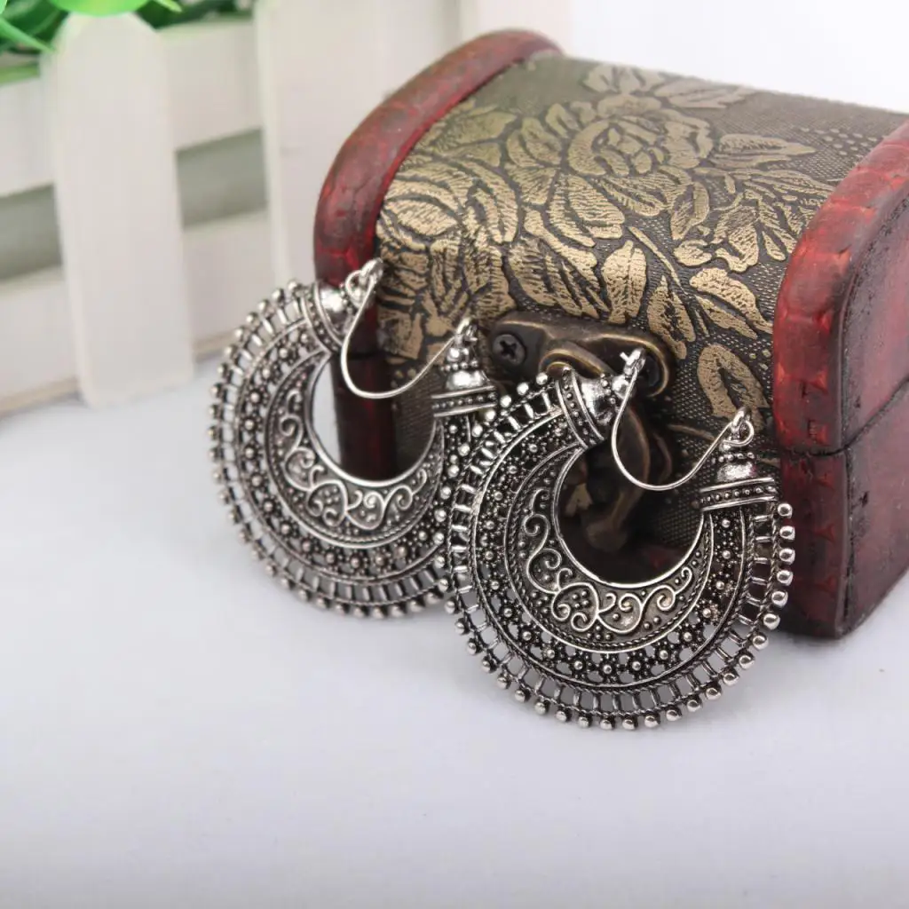 Vintage Style Gorgeous Boho Silver Hoop Dangle Earrings Tribal Jewelry
