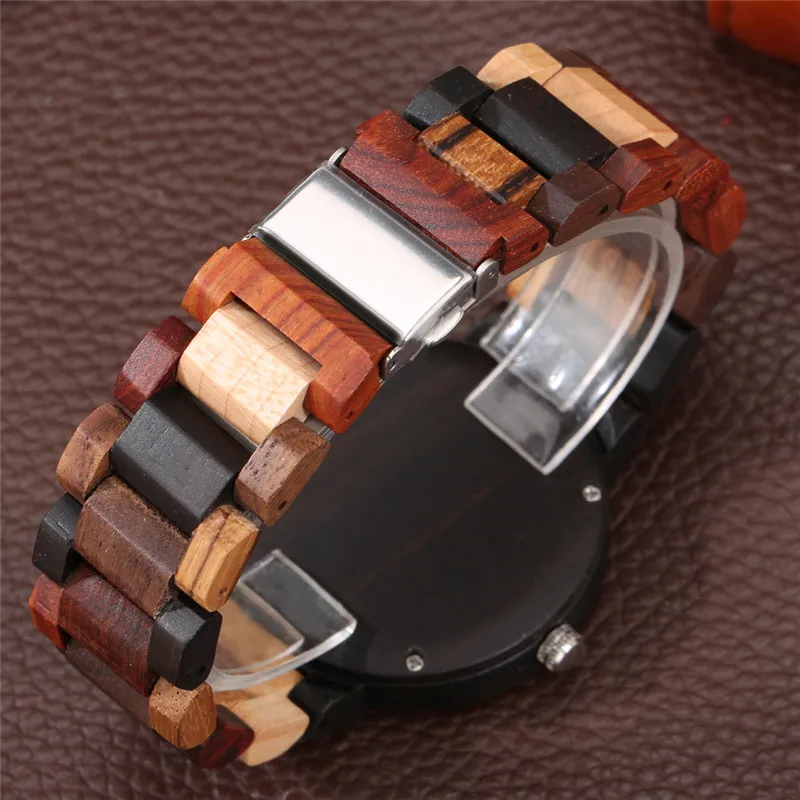 Colorful Full Wooden Men Watch Geometry Pattern Round Dial Analog Quartz Watch Mens Wood Bangle Wristwatch Folding Clasp Reloj