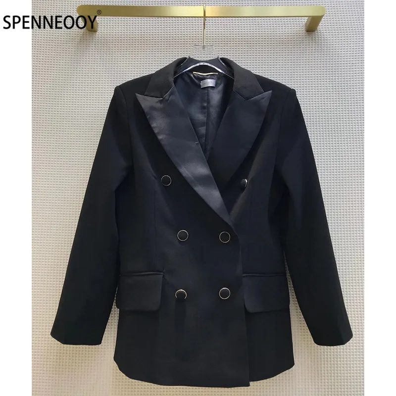 

SPENNEOOY Designer Brand Autumn Winter Fashion Office Lady Blazer Overcoat Women luxury Double Breasted Black Coat Outwear