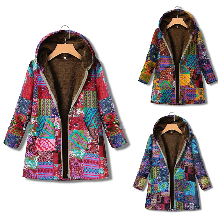 

Autumn And Winter New Style Printed Cotton Linen Hooded plus Velvet Jacket Mid-length Zipper Loose-Fit Cotton-padded Clothes