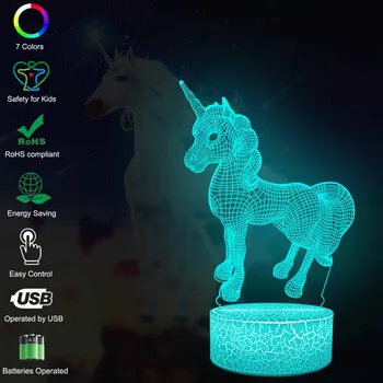 

2020 Cartoon Unicorn 3D Lamp LED Night Light For Girl Christmas Gift Decor Multicolor Kid Toy Table Lava Crack Lampara Luminaria