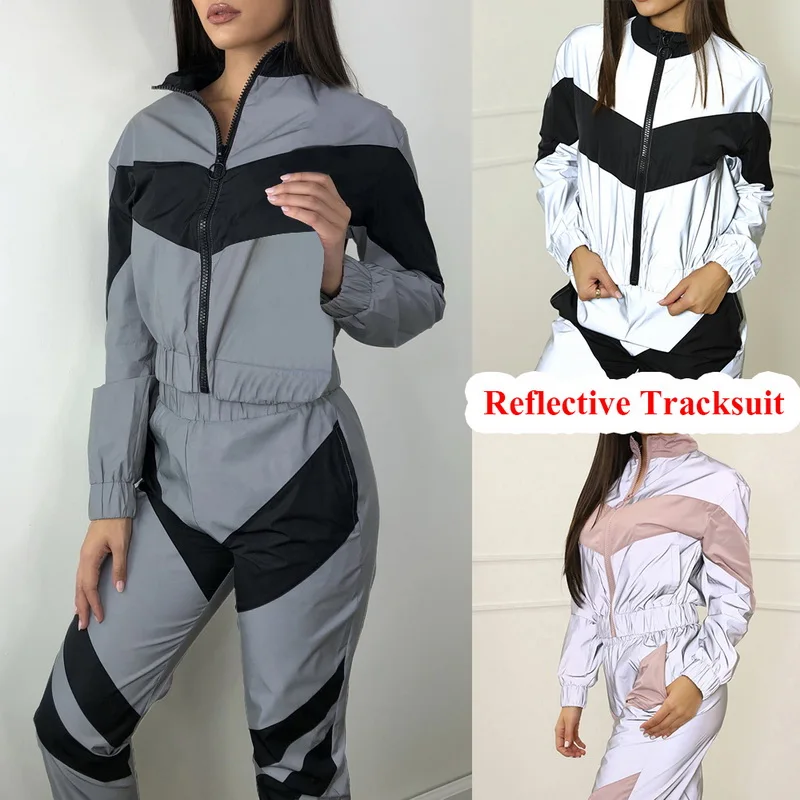 

Women Tracksuit 2 Piece Set Hip Hop Reflective Crop Top Pants Fashion Female Loose Zipper Jacket Coat Matching Sets Plus Size