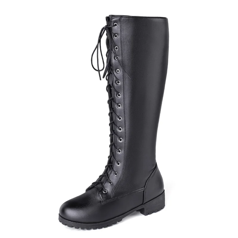 

KALENMOS Motorcycle Boots Women Low Heel Lace Up Retro Biker Boots Autumn Winter Shoes Girls Casual Black Long Boots Size 34-46