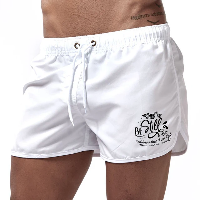 Summer Men's Beach Shorts Letter Printed Fitness Sports Casual Elastic Waist Drawstring Male Board Short Pants S-3XL white
