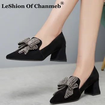 

Brand Kid Suede Women Pumps Luxury Crystal Diamond Bow-knot Women's Ladies Slip ons Party Wedding Shoes Pointed Toe Block Heels