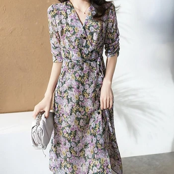 

Runway Bohemian Retro Print Flowers Sexy V-Neck Short Sleeve Belt Elegant Temperament Dress Women'S Clothing New High Quality