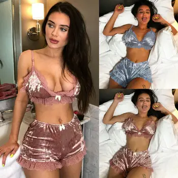 

Women 2019 Sexy Solid Velvet Two-piece Lingerie Sleepwear Floral Lace Nightwear Pajamas Chemise Top Elastic High Waist Shorts