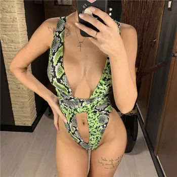 

Snake Skin Print Swimsuit One Piece Swimwear Women 2020 New Summer Backless May Beach Plunge Swimming Suits Ladies Bodysuit Suit