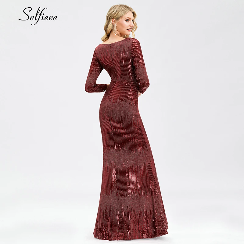 Luxury Burgundy Sequin Dress V-Neck Long Sleeve Women Sexy Bodycon Maxi Dress Elegant Autumn Winter Party Gowns Robe Femme