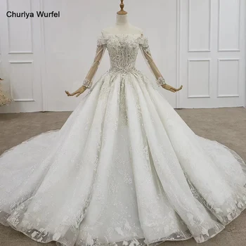 

HTL1204 2020 luxury wedding dress flower beading pattern off the shoulder long tulle sleeve bride wedding dress robe de mariee