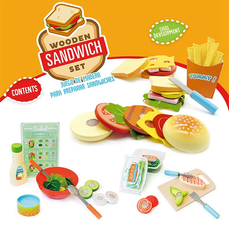 Children's Kitchen Wooden Toys For Girls Cooking Chef Kawaii Miniature Food Simulation Hamburg Pretend Play Kids Toy Set | Игрушки и