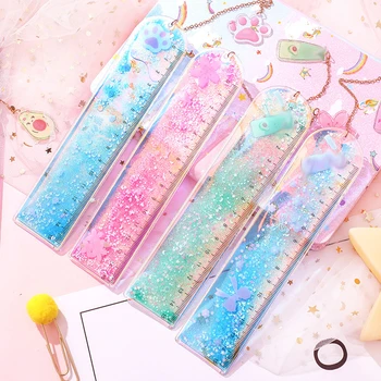 

1PC Oil Flow Sand Rules Creative Cartoon PVC Drawing Ruler Cute Girl Stationery Scale Student Pendant Bookmark School Supplies