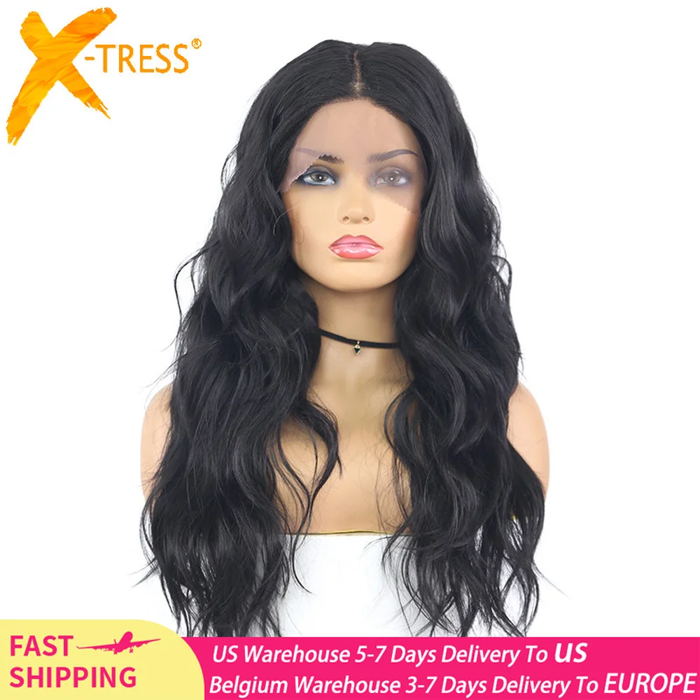 

X-TRESS Black Color Synthetic Lace Front Wig Natural Wave Ombre Pink Grey Colored Cosplay Heat Resistant Lace Wig 18" For Women