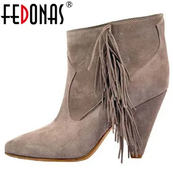 

FEDONAS Winter Warm Cow Suede Women Zipper Ankle Boots Vintage Fringe High Heels Party Dancing Shoes Woman Elegant Chelsea Boots