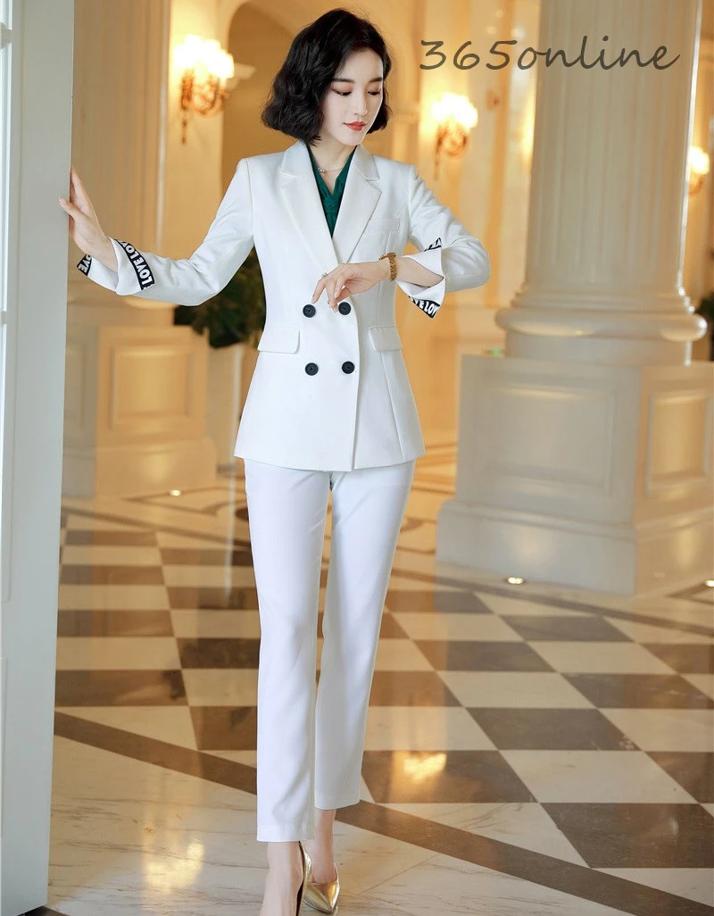 

Fashion Styles Autumn Winter Elegant White Formal Women Business Suits with Pencil Pants and Jackets Ladies Professional Blazers