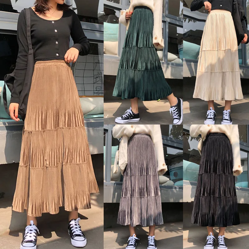 Модная бархатная плиссированная юбка с высокой талией; сезон осень-зима; Длинные юбки; Повседневная Свободная уличная одежда; разные цвета; подарок; Лидер продаж