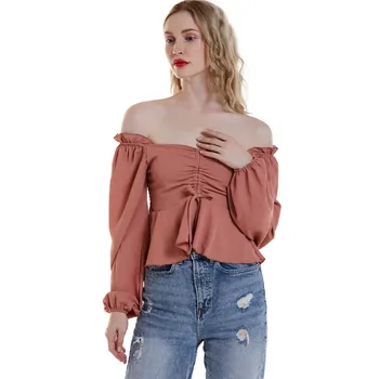 

Slash Neck Women Blouse 2020 Spring Autumn New Solid Slim Shirts Ruffles Fashion Female Blusas