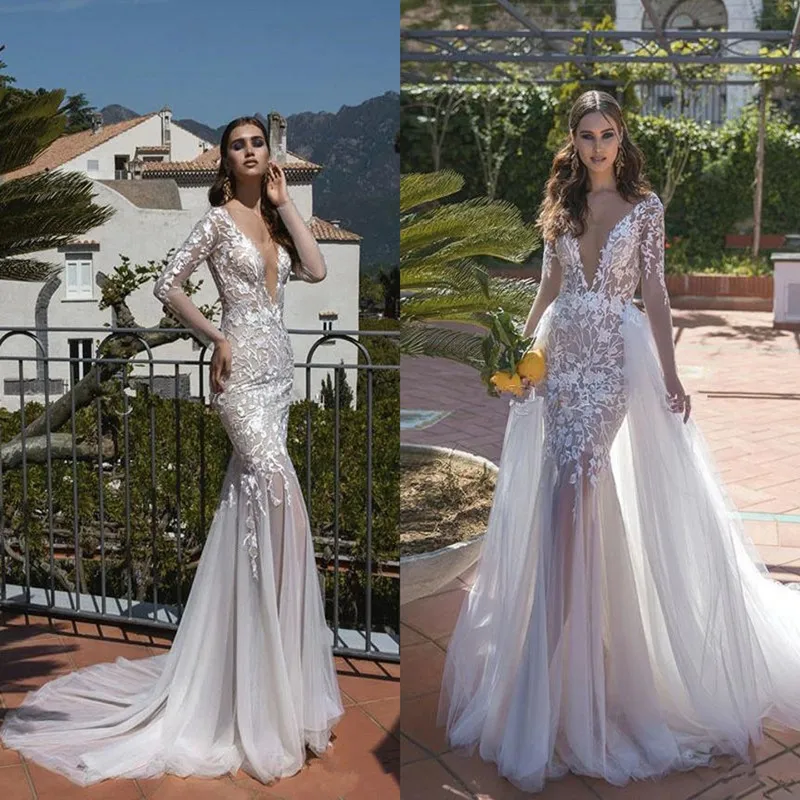 Corte De Sirena Dos Piezas Vestidos De Novia Con Tren Desmontable 2020 Sexy Cuello En V Encaje Aplique Trompeta Manga Larga Vestidos De Novia Vestidos De Novia Aliexpress