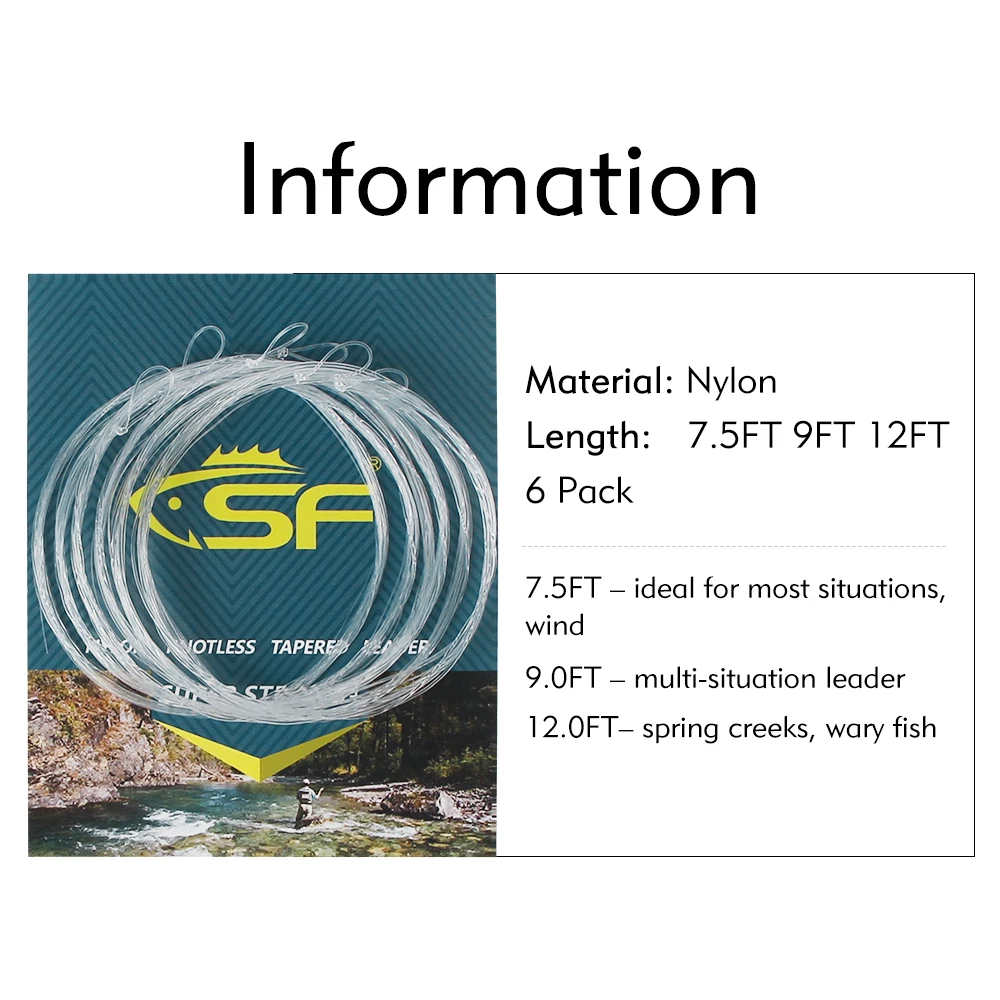 6 Pcs/Bag SF Nylon Pre-tied Loop Fly Fishing Tapered Leader 7.5FT 9FT 12FT 1 2 3 4 5 6 7X