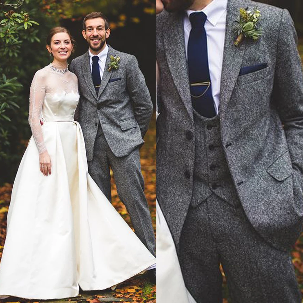 

Dark Grey Winter Jacket Men's Wedding Tweed Suit For Man 3 Piece Herringbone New Year's Costume Dinner Party Terno Masculino