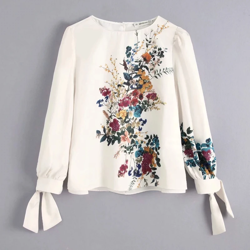 

Women Tops and Blouse New Autumn Women Elegant Flower Printing Casual Blouses Chic Shirts Female O Neck Cuff Knotted Chic Bluses