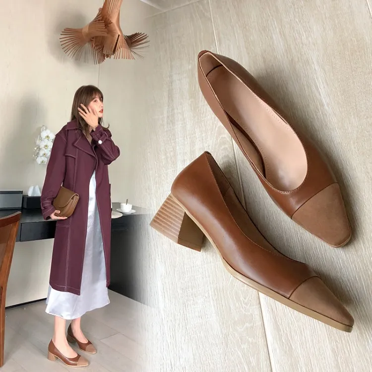 

20 Spring And Autumn Trend Fashion Small Square Head Chunky Semi-high Heeled Full-grain Leather inside And Pure Leather Tendon O