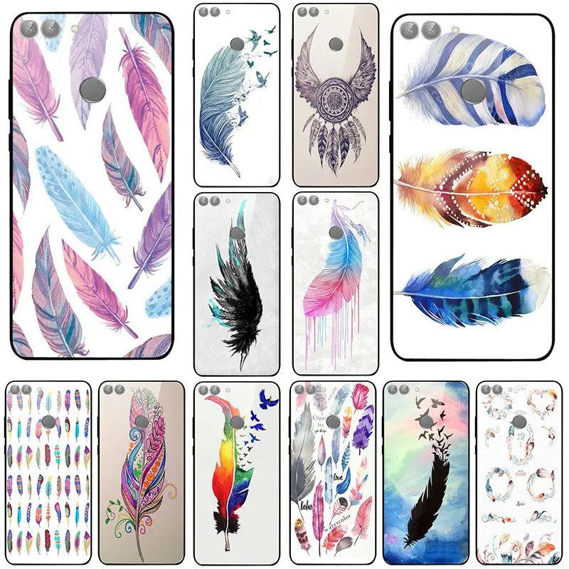 Colorful Watercolors Feathers Tempered Glass Protective Phone Cases Cover for Huawei Honor Y6 Y9 6X 8 8A 9 10 P20 P30 Pro Lite | Мобильные