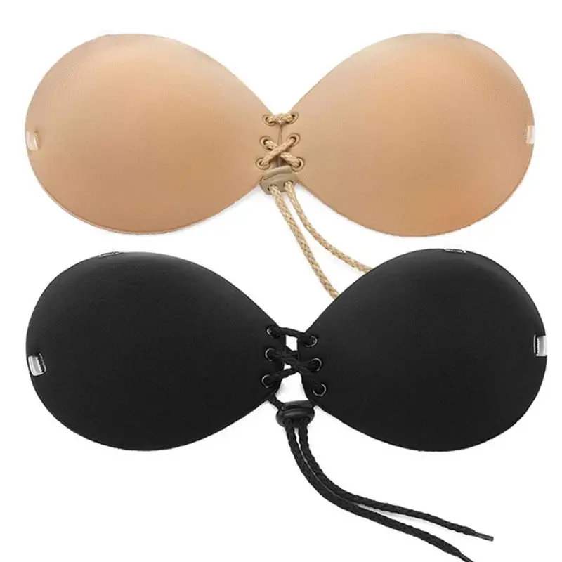Women Strapless Adhesive Sticky Bra Backless Invisible Breast Pad Lingerie Drawstring Push Up Underwear Nipple Covers With Strap