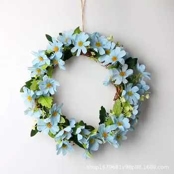 

Artificial Flower Daisy Wreath Home Garden Front Door Wall Window Hanging Blue Fake Flower Garland for Wedding Decoration Floral