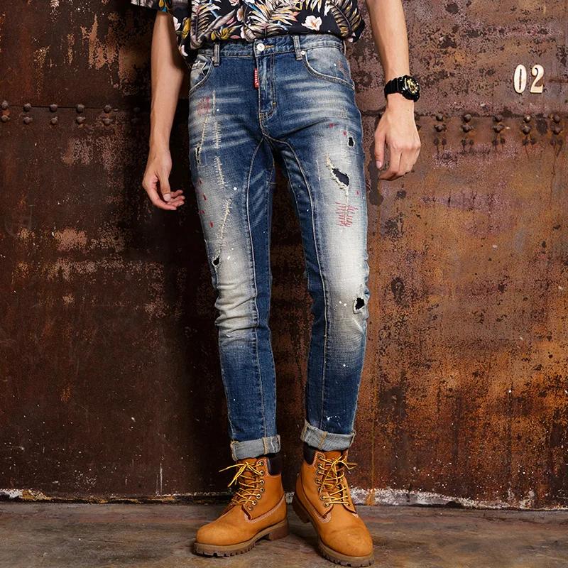 

Fashion Streetwear Men Jeans Retro Blue Slim Fit Elastic Ripped Jeans Spliced Paint Designer Denim Pants Hip Hop Jeans Homme