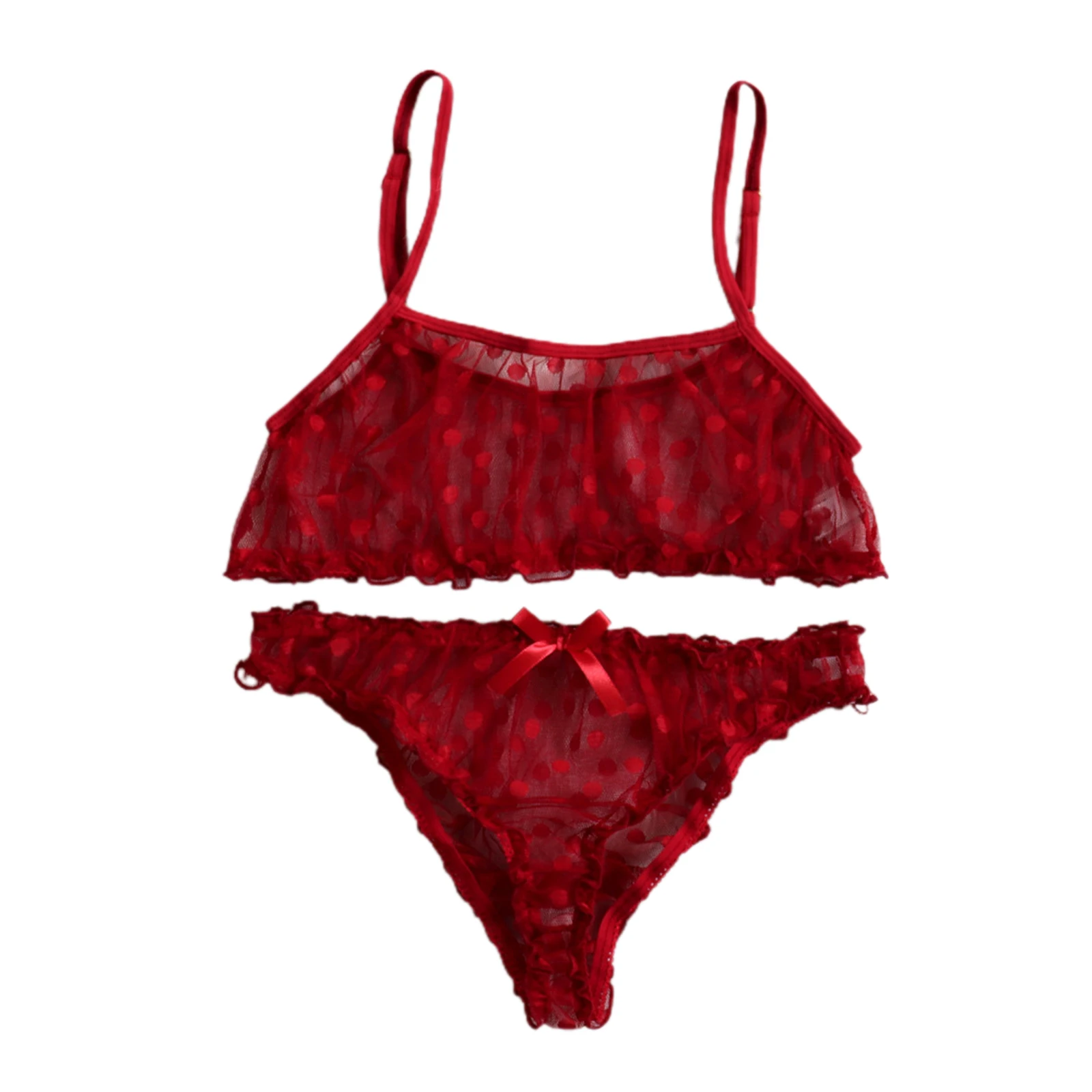 Sexy Lingerie Erotic Underwear Polka Dot Mesh Frill Trim Lace lingerie Set Top Lace Invisible Bra & Brief Set For Women_voghion.com