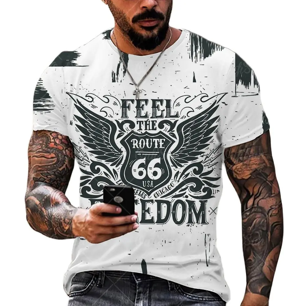 Summer New Mens T Shirts Oversized Loose Clothes Vintage Short Sleeve Fashion America Route 66 Letters Printed O Collared Tshirt