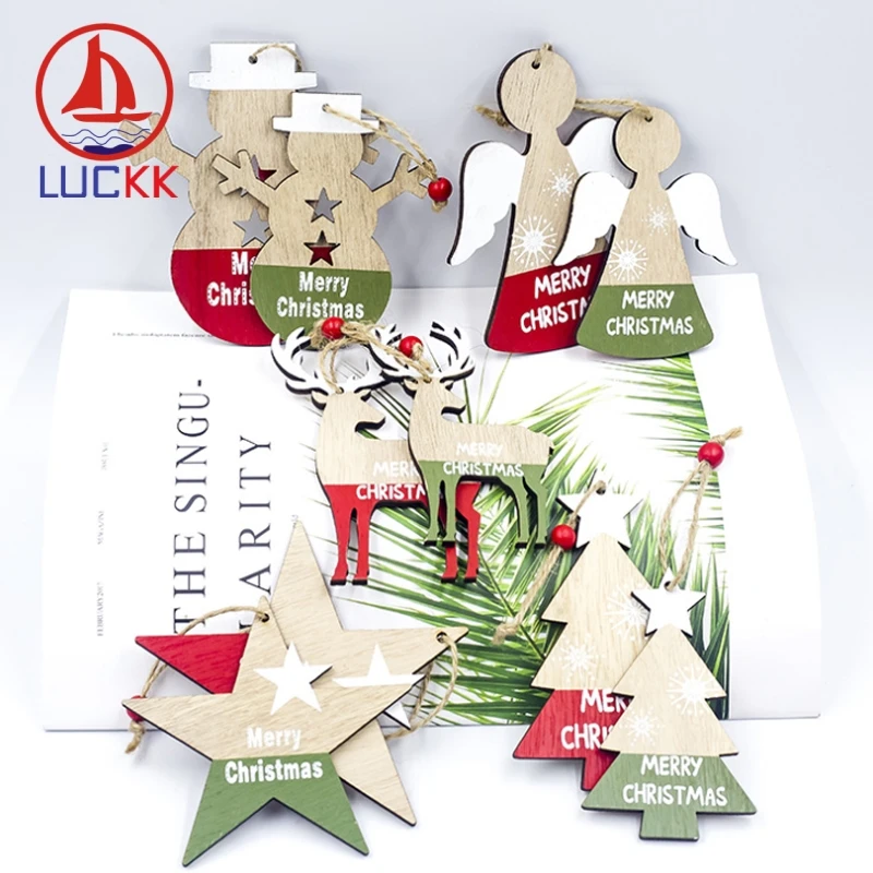 

LUCKK 2020 New Year Christmas Tree Wooden Letter Hanging Pendants Set Ornament With Bell Colorful Christmas Party Decorations