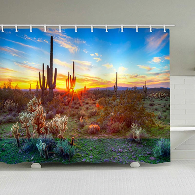 

Blue Beautiful Desert Cactus Landscape Shower Curtain Bath Single Printing Waterproof Polyester For Bathroom Decor 180x200cm
