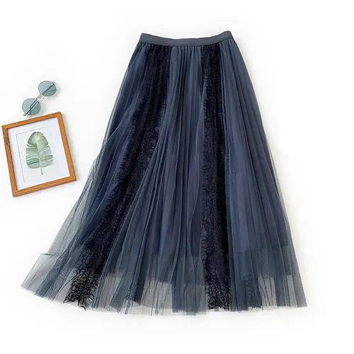 Женская длинная юбка с пачкой SURMIITRO, плиссированная юбка с кружевным пэчворком с завышенной талией в черно-розовых и голубых тонах в корейском стиле для женщин осенью - Цвет: dark blue