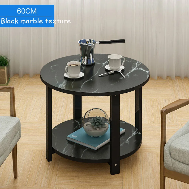 Wooden Coffee Table Marble Texture Simple Smart 2 Layers Round Sofa Side Tea Table for Living Room Bedroom Furniture - Цвет: Black marble texture