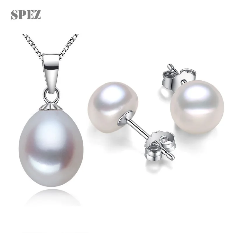 

PEZ925 Silver Pearl Set 100%Natural Freshwater Pearl Sterling Silver Necklace Stud Earrings For Women Jewelry Gift SPEZ
