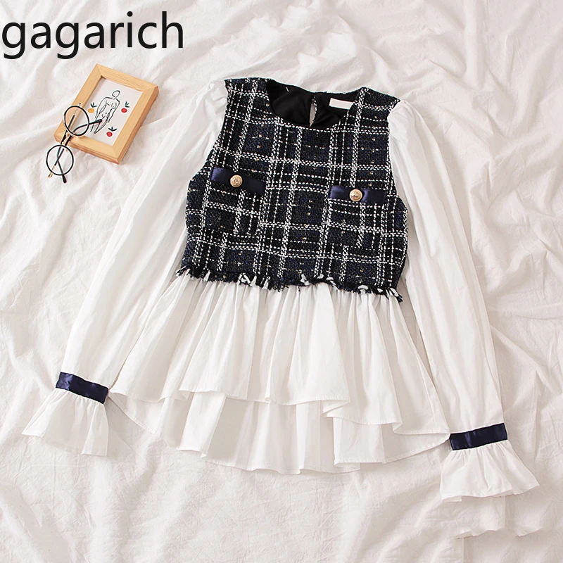 

Gagarich Women Blouse 2020 Fake Two Piece Black White Long Sleeve Elegant Ladies Plaid Shirt